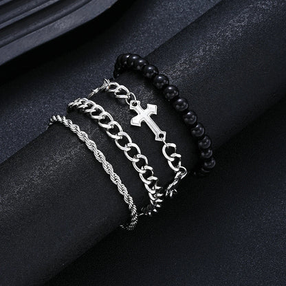 4-Piece Stainless Steel Bracelet Set - Punk Cross Bead Chain Bracelets for Men & Women