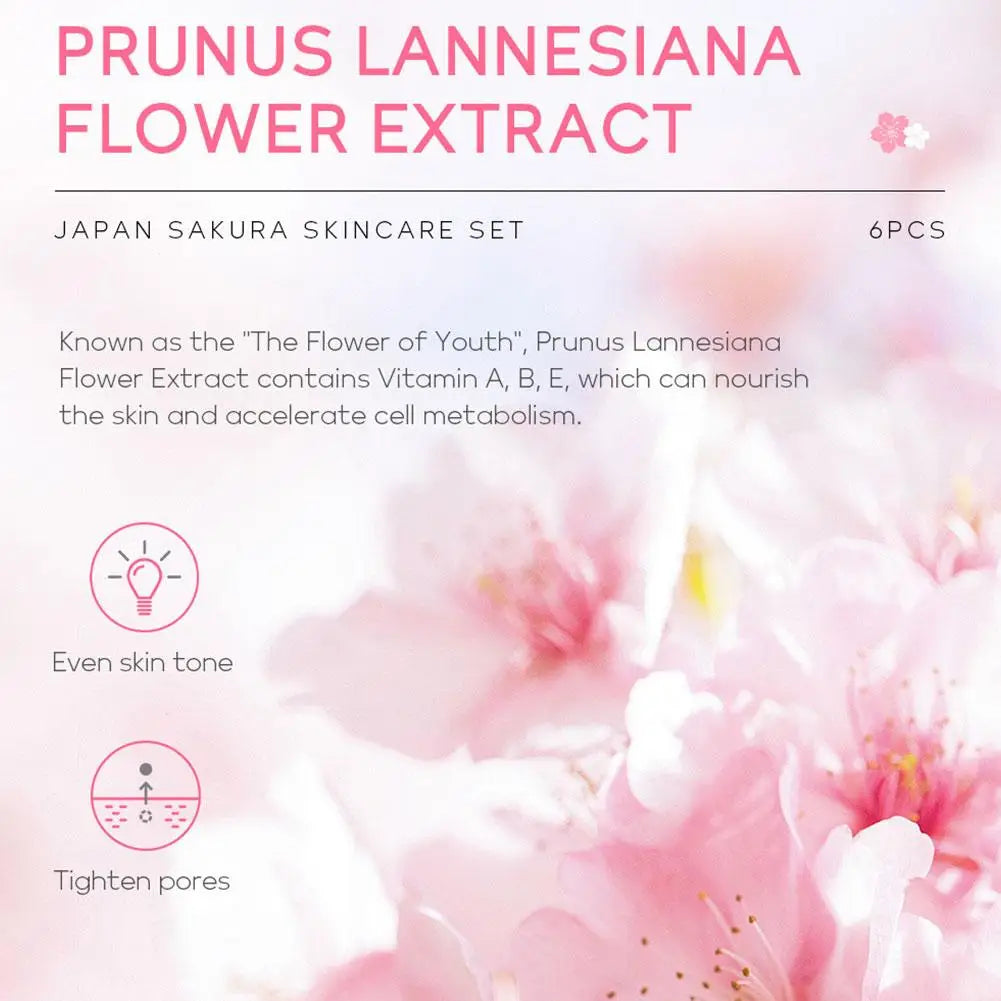 6PCS Sakura Skincare Set – Face Cream, Serum, Toner, Cleanser, Sunscreen & Eye Cream in Gift Box