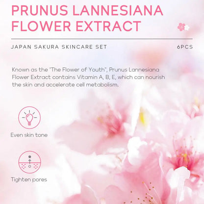 6PCS Sakura Skincare Set – Face Cream, Serum, Toner, Cleanser, Sunscreen & Eye Cream in Gift Box