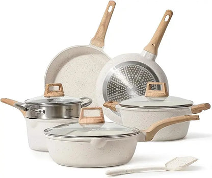 CAROTE 21 Piece White Granite Nonstick Cookware Set - Induction-Ready Pots, Pans, and Frying Pans