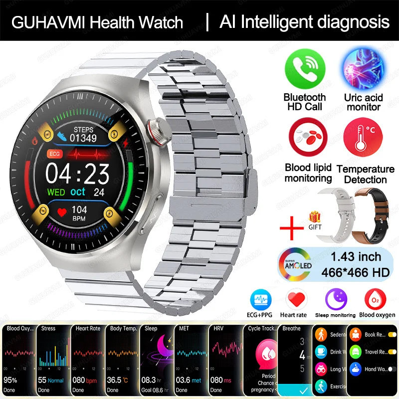 2025 Nursing-Grade Smartwatch — Blood Oxygen, Lipid, Uric Acid, ECG+PPG, Body Temperature & Bluetooth Call Health Tracker