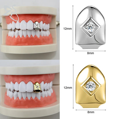 ZS Hip Hop Grillz – Silver/Gold Plated CZ Crystal Cross & Rose Star Tooth Cap, Top & Bottom Set