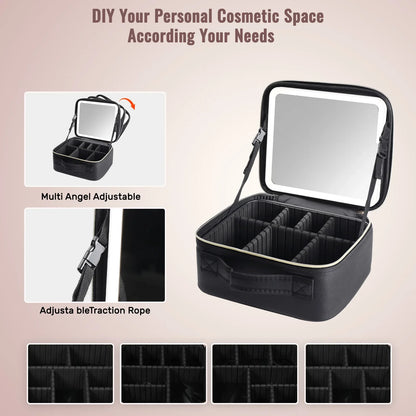 Travel Makeup Bag with LED Mirror — Makeup Train Case with Adjustable Dividers for Home, Gift & Vacation