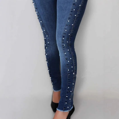 Women’s High Waist Slimming Jeans - Hip Lifting Stretch Pencil Denim Pants with Diamond Bead Fashion Detail