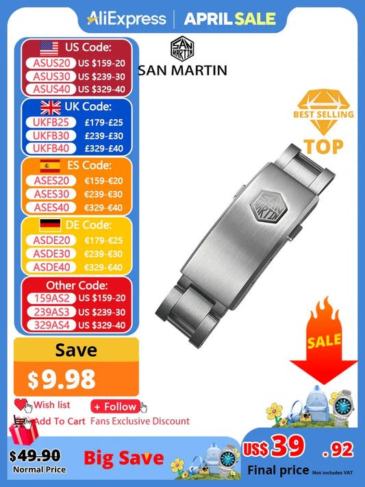 San Martin Fly Adjustable Clasp — 16mm Watch Bracelet Buckle Folding Clasp (Non-Universal)