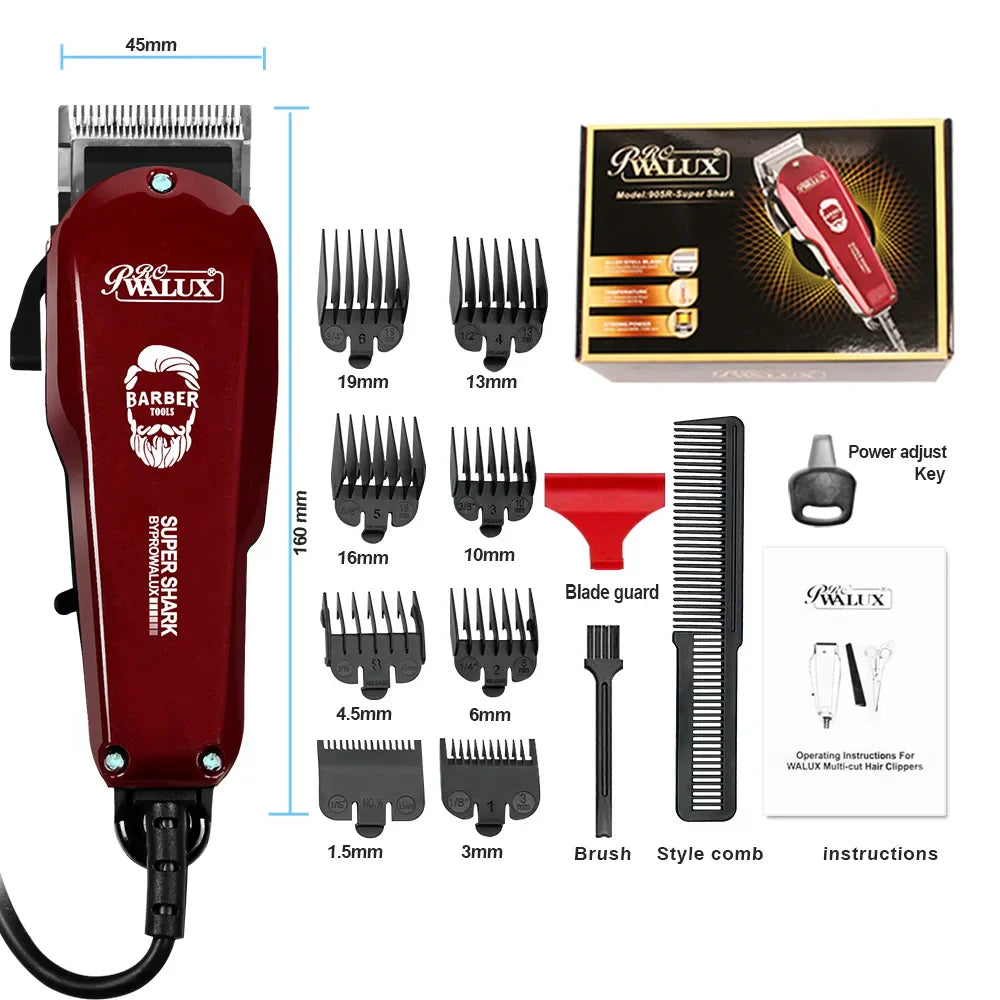 WALUX Professional AC220-240V Hair Clipper – 10W Powerful Hair Trimmer with 2M Cable & 8 Guard Combs for Home Use