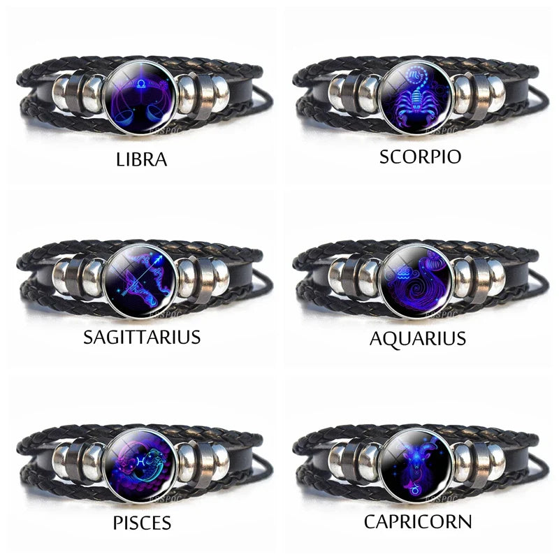 New Men's 12 Constellation Black Braided Leather Bracelet – Punk Style Zodiac Sign Multilayer Wrap Bracelet for Birthday Gifts