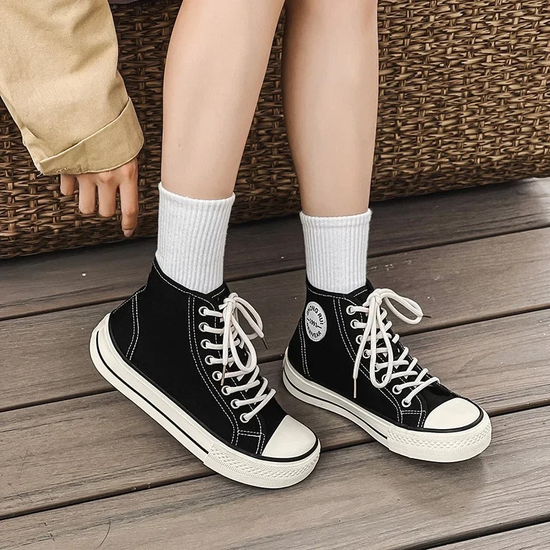 Women’s High-Top Canvas Shoes — Round-Toe, Low-Profile, Breathable Flat Heel Board Shoes for Spring/Summer