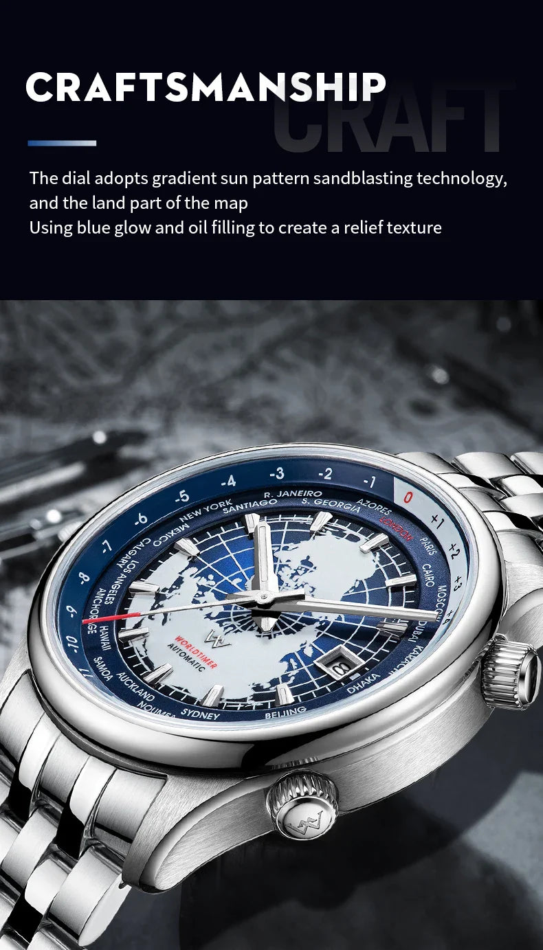 WM Welly Merck Automatic Mechanical Men’s Watch — High-Quality Sapphire, World Time, WM057 Luxury Timepiece