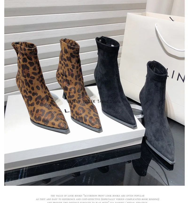 Leopard Print Women’s Ankle Boots – Fashionable High Heel Short Booties, Elegant Dancing & Party Prom Shoes