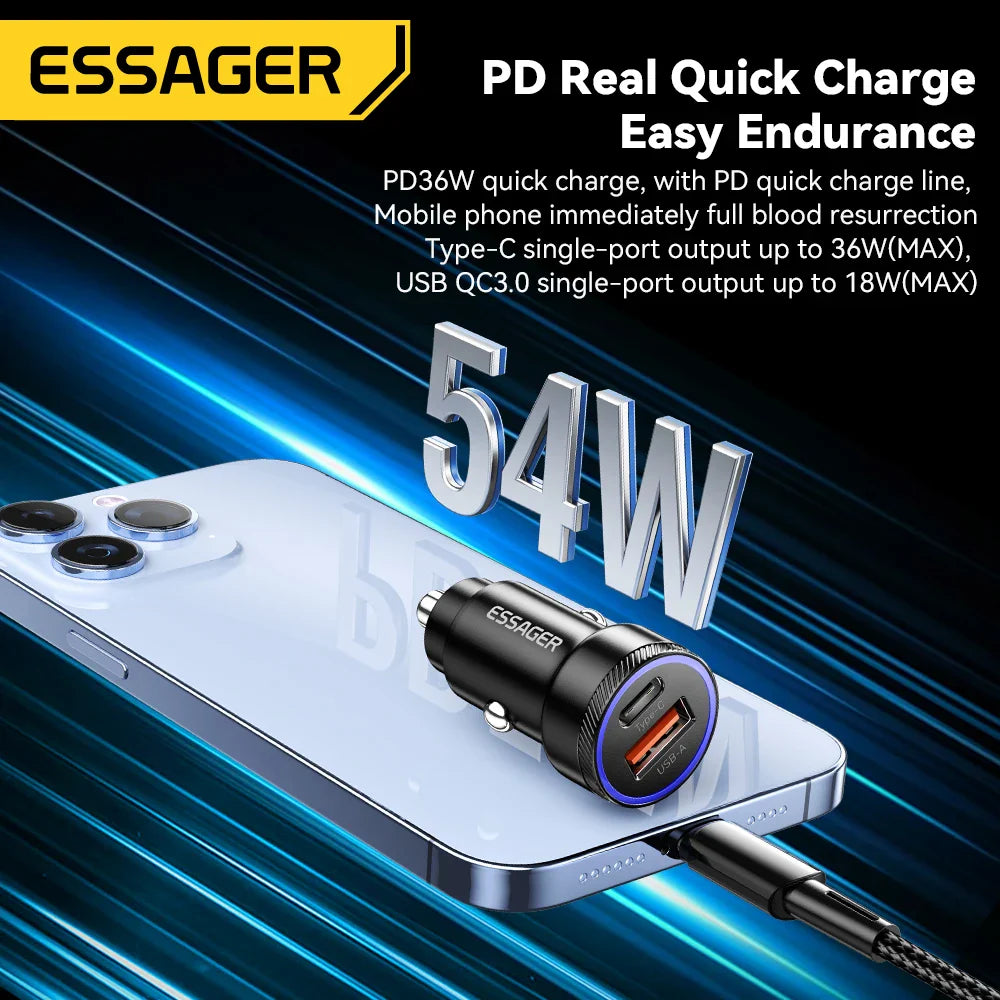 Essager 54W USB Car Charger – 5A Fast Charging Adapter with QC 3.0, SCP & AFC 30W Type-C Dual Port Quick Charger for iPhone, Samsung, Huawei, Xiaomi & Poco Devices