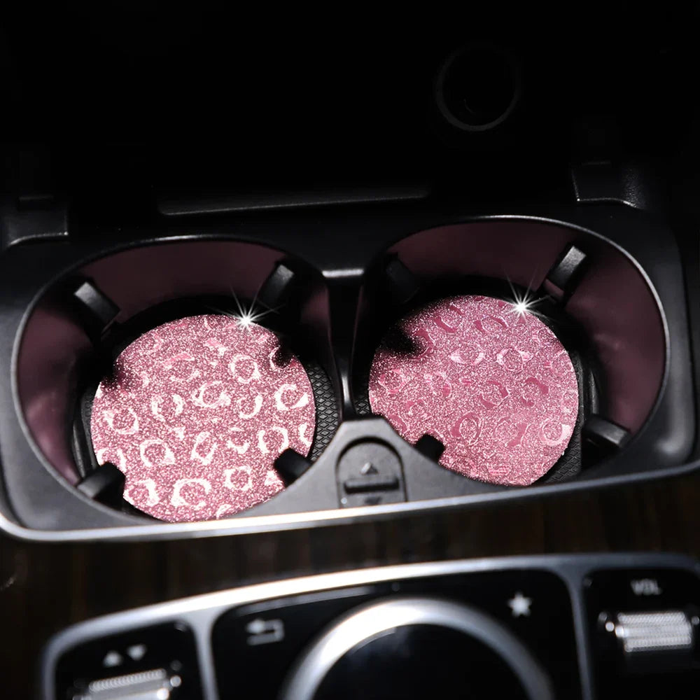 Waterproof Car Cup Holder Set - Glitter Leopard Print TPU Anti-Slip Interior Accessories