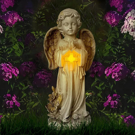 Solar Angel Statue for Garden – Resin Praying Angel Figurine, Cemetery Memorial & Patio Lawn Decoration