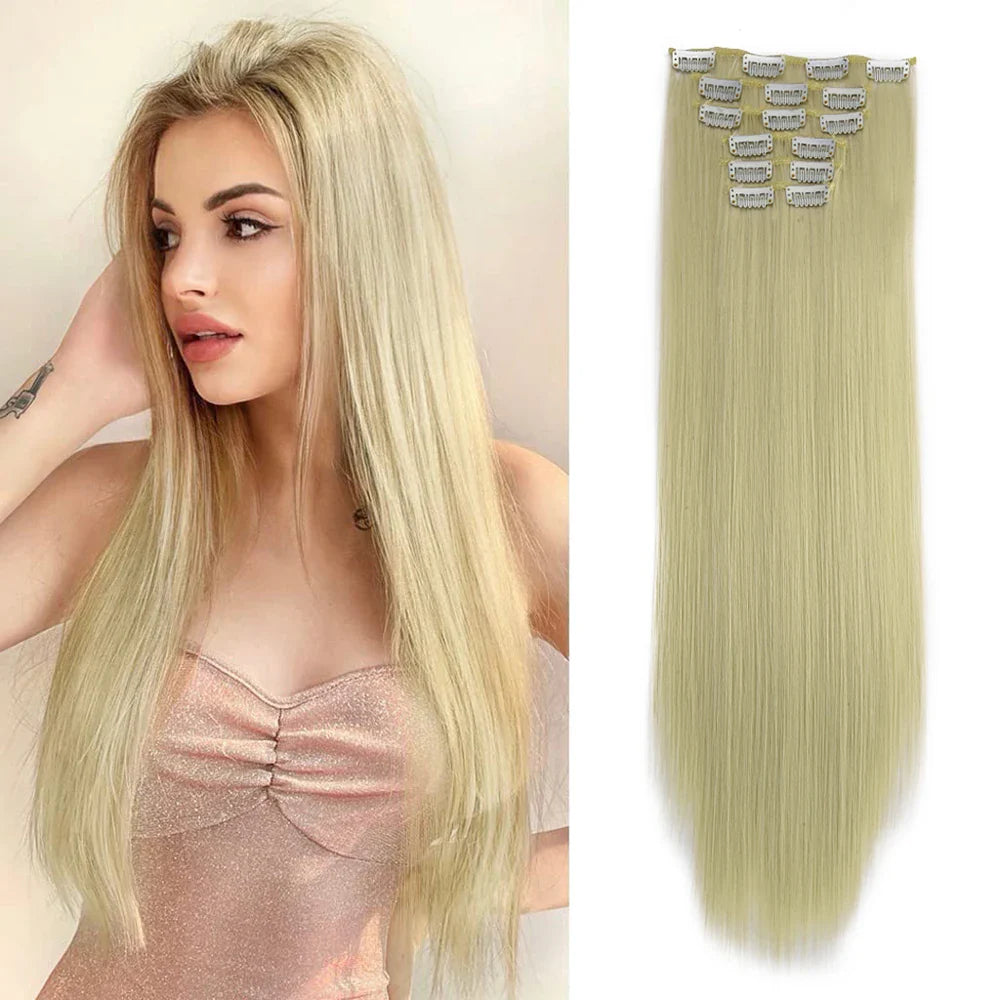 Black Hair Extensions: 24"/60cm, 140g, 6pcs/set Long Straight Synthetic - Full Head Clip, 16 Clips, Ombre, Heat Resistant Fiber for Women