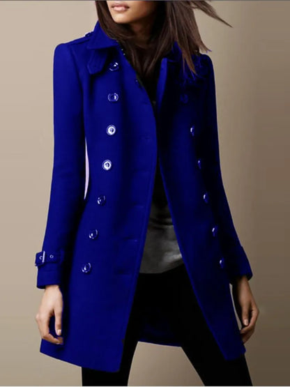 Winter Ladies Woolen Jacket – Double-Breasted Flap Lapel, Slim Fit, Elegant Solid Top Coat, Lined Women’s Outerwear 2024