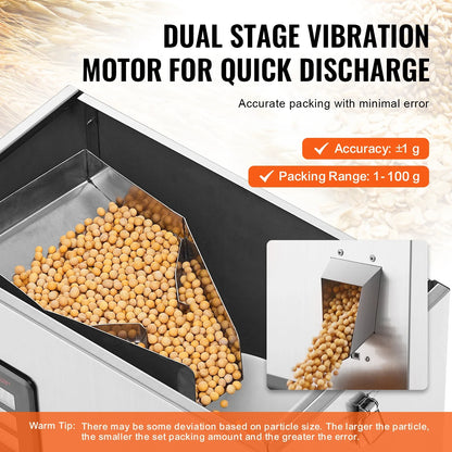VEVOR Automatic Powder Filling Machine — Intelligent Particle Weighing Dispenser (1-100g / 1-200g / 10-500g) for Tea Seeds