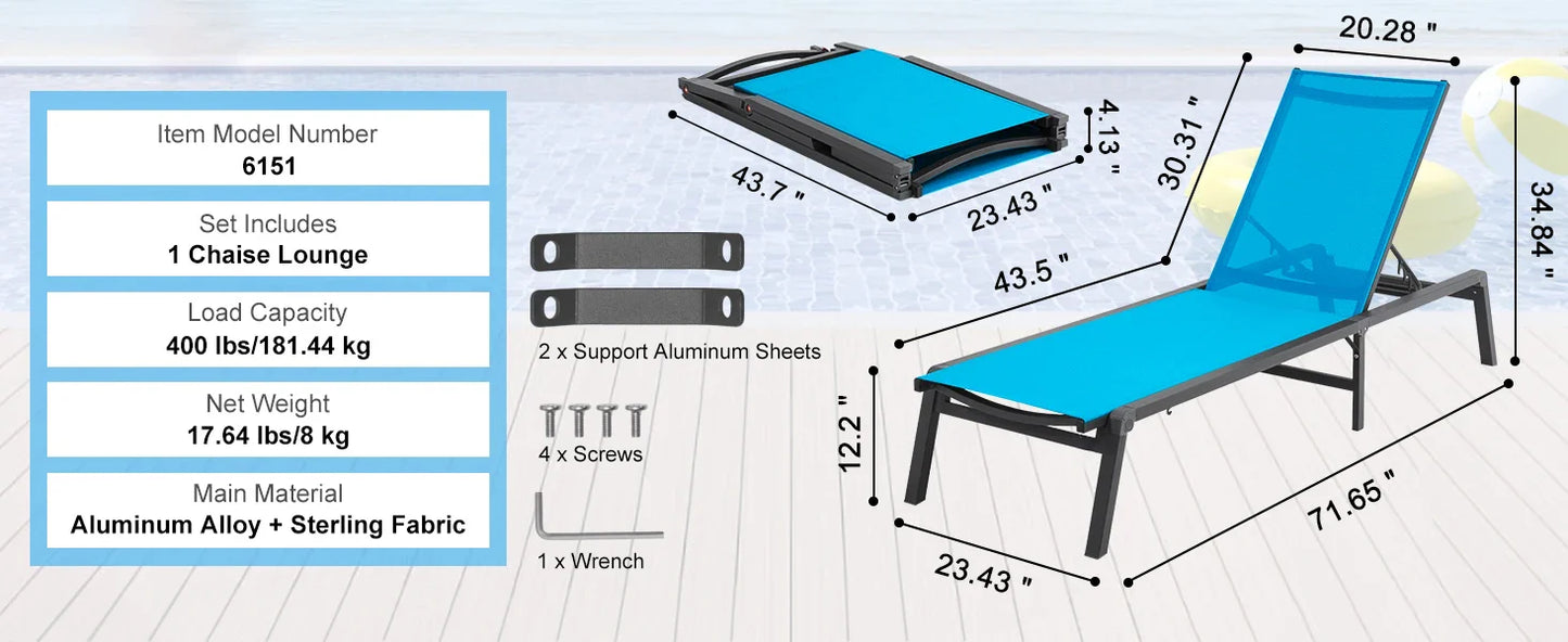 SucceBuy Outdoor Aluminum Chaise Lounge Chair — Folding Patio Pool Recliner, Full Flat Sun Lounger in Dark Grey