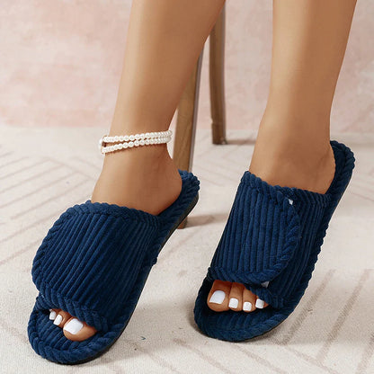 Women’s Corduroy Open Toe Flat Heel Home Slippers – Lightweight Non-Slip Indoor Bedroom Comfort Slides