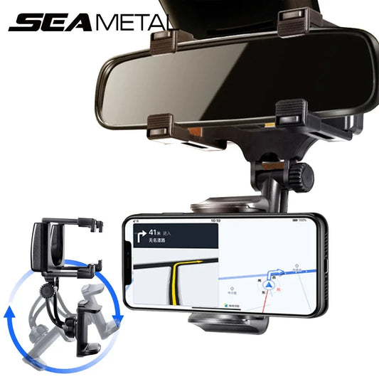 SEAMETAL Rearview Mirror Phone Holder - Adjustable Rotating Car Mount for Stable Smartphone Navigation