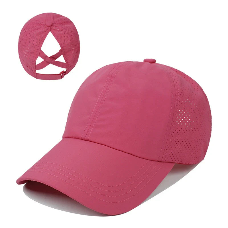 Summer Solid Color Baseball Cap – Quick-Drying Mesh Golf & Sports Hat for Women, Cross Ponytail Design, Men's Peaked Cap