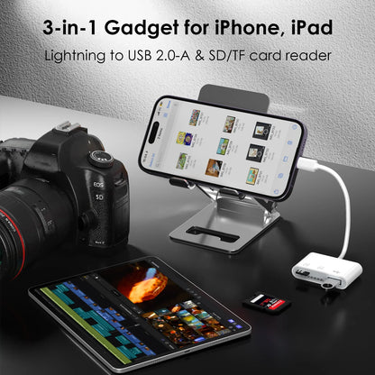 WAVLINK 3-in-1 Lightning Card Reader – SD/TF Card Adapter with USB 2.0 Port for iPhone & Digital Camera File Transfer