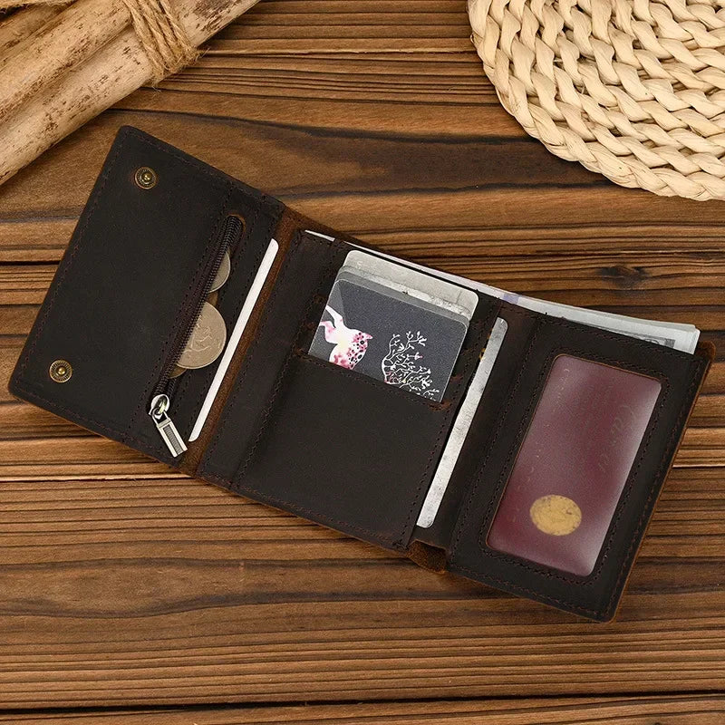 Men's Genuine Leather Short Wallet with Chain – Zipper Clutch, Trifold Purse, Card Holder & Coin Purse for Men