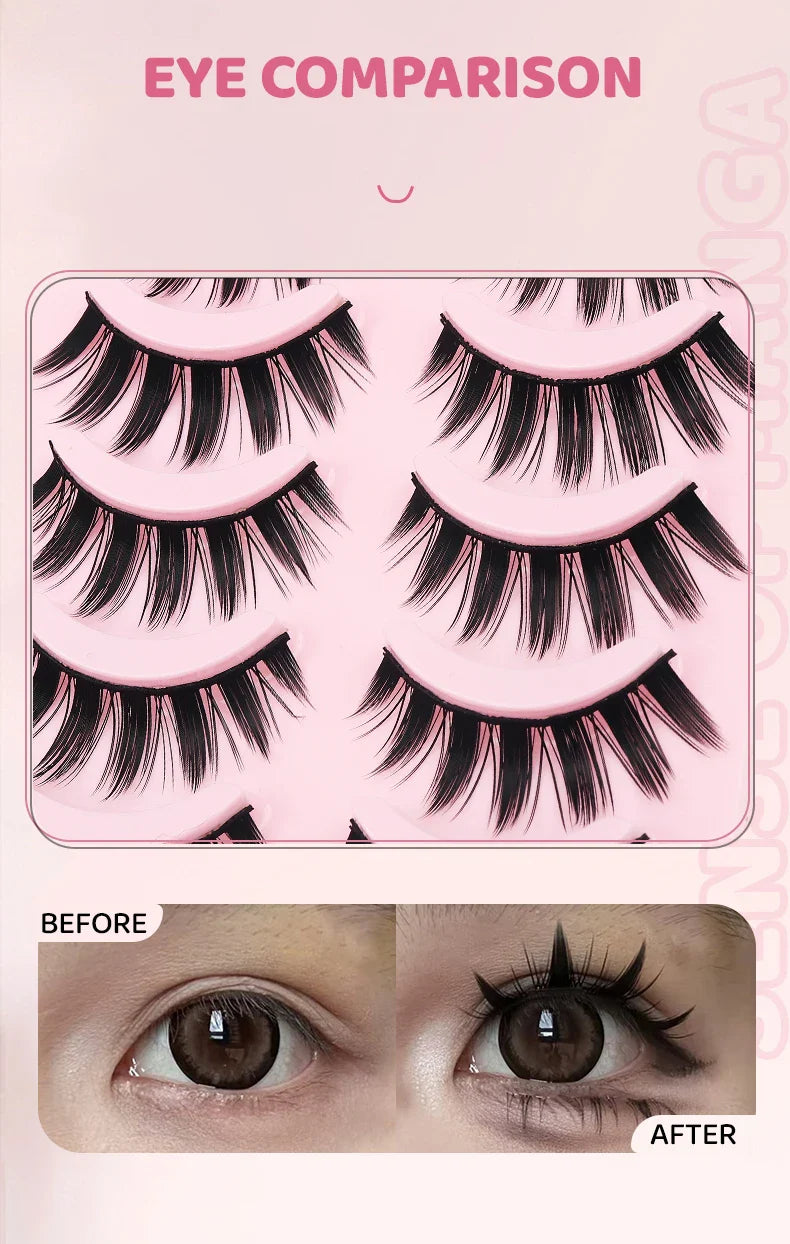 DINGSEN 5 Pairs Manga Style False Eyelashes — Soft, Natural, Long Anime Wispy Strip Lashes for Makeup