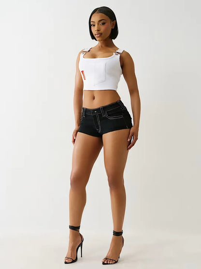 Gothic Y2K Black Denim Shorts — Women's High Waist Slim Fit Baggy Shorts with Buddha Embroidery