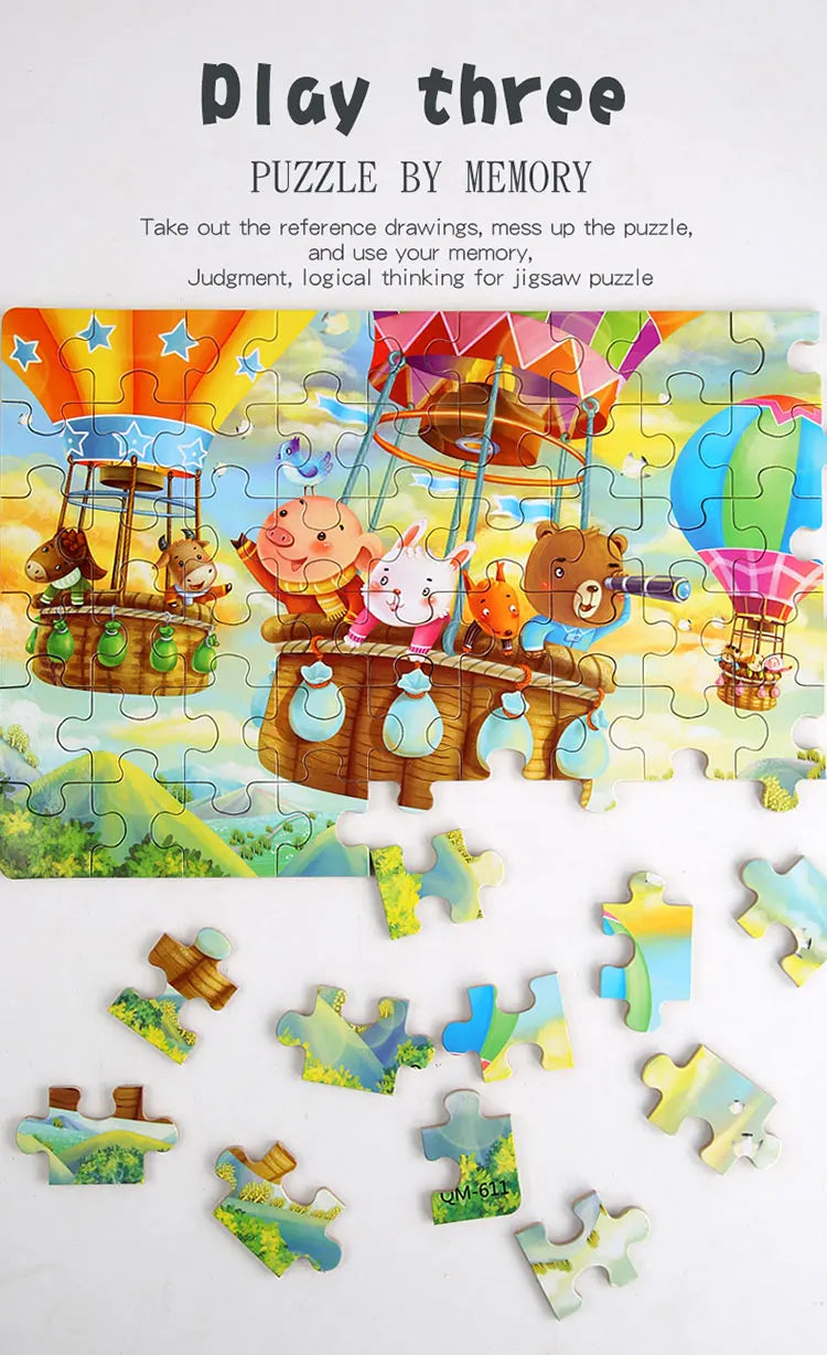 60PCS Cartoon Jigsaw Puzzle with Metal Box – Kids Educational Animal & Vehicle Puzzle Game