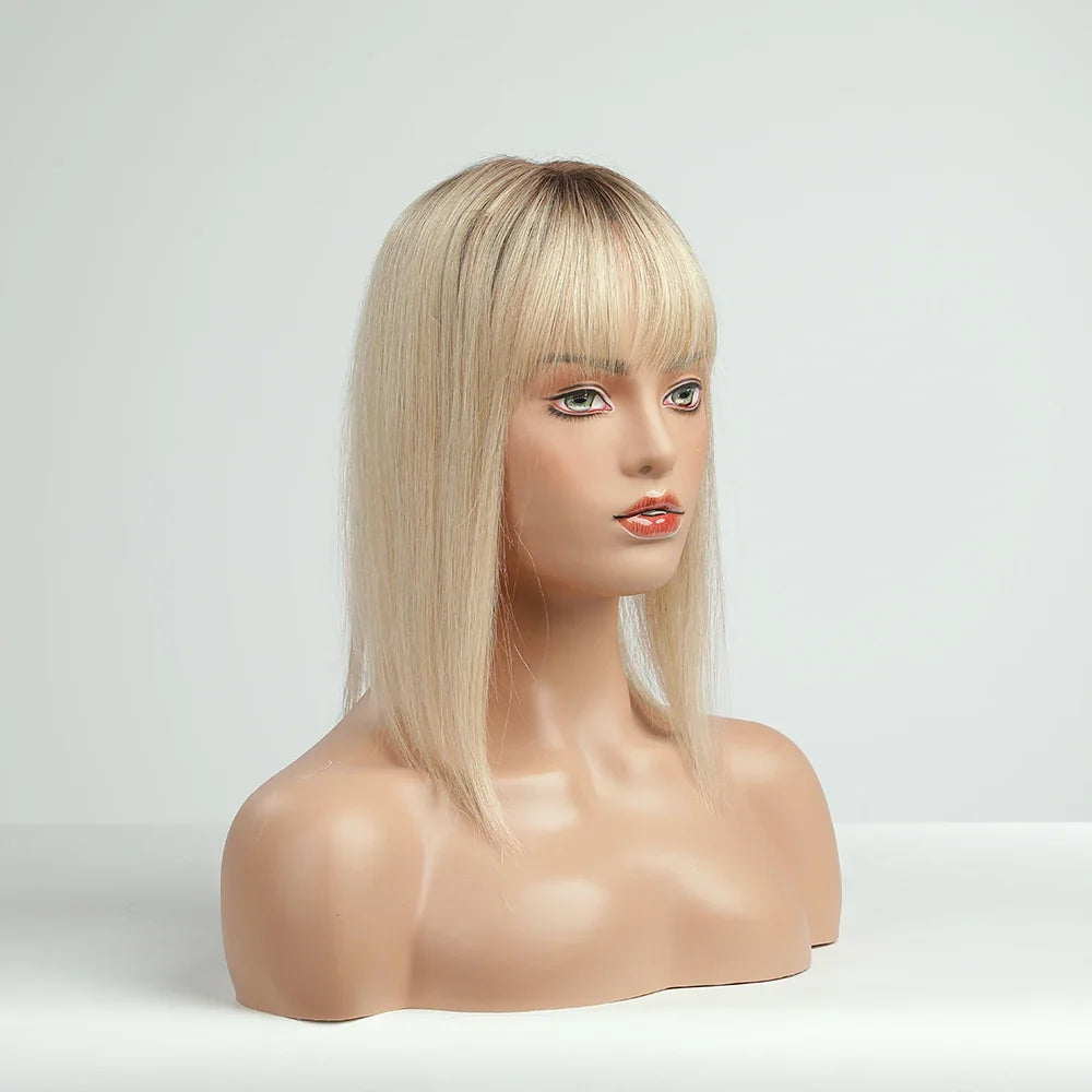 Brown Blonde Ombre Human Hair Toppers for Women – 10/12/14 Inches with Silk Base, Clips, and Bangs