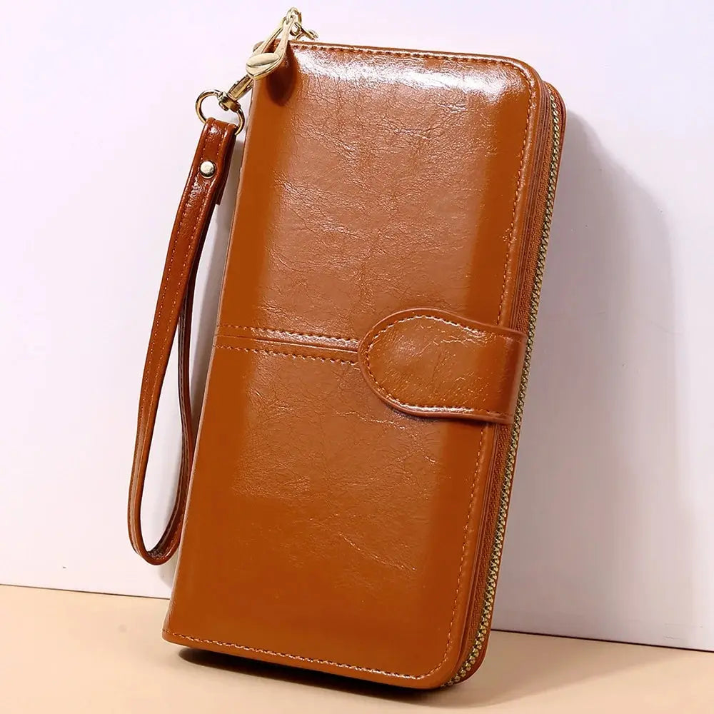 Women’s Vintage PU Leather Clutch Wallet — Large Capacity Phone Purse with Wristband, Simple Card Holder Pouch Bag