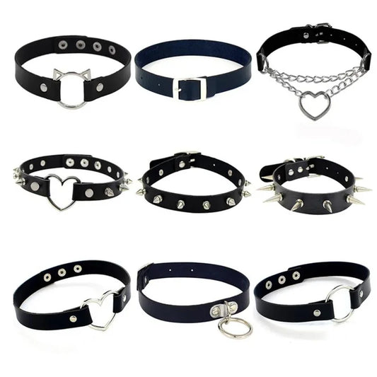 Harajuku Punk Rock Gothic Choker Necklace – PU Leather Heart Lock, Key, Spike Collar, Cosplay Accessories for Women