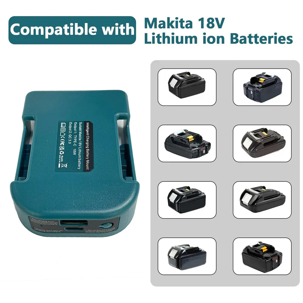 Makita 18V & 40V Battery Holder with USB & Type-C – Compatible with BL1840, BL1850, BL1860, Fast Charging Adapter for Makita Chargers