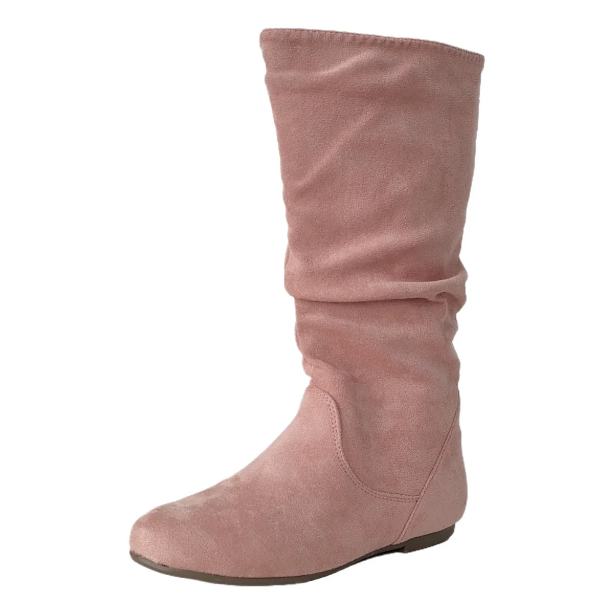 Pleated PU Women’s Fashion Boots – Casual Side-Zip Round Toe Flat High Solid Color Boots