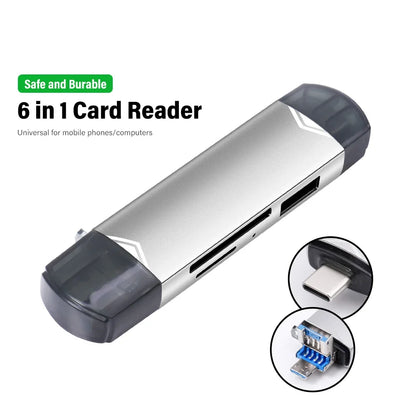 JASTER 6-in-1 USB 3.0 Card Reader – Type-C/USB TF/SD Adapter Flash Drive for Phone & Laptop