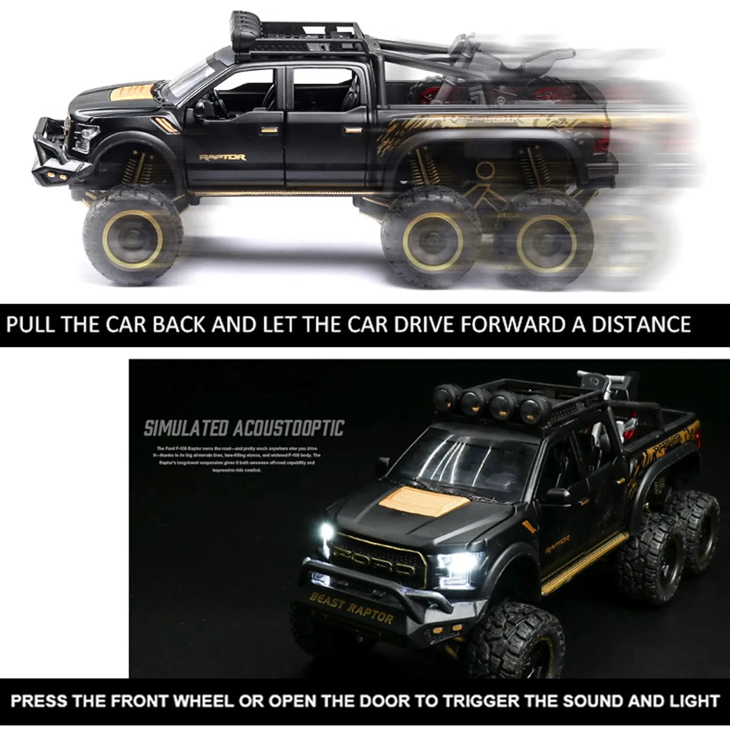 1:24 Diecast F150 Raptor Pickup Truck — Metal Model Car with Sound & Light for Kids Age 3+, Blue