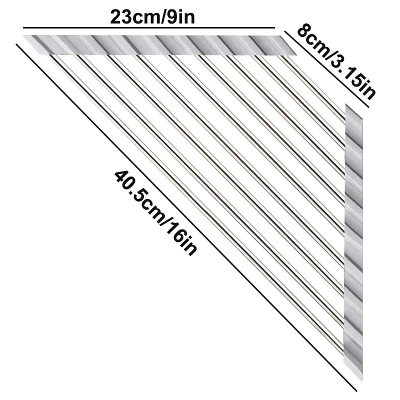 Roll-Up Triangle Dish Drying Rack – Foldable Stainless Steel Kitchen Sink Organizer, Sponge & Rag Holder