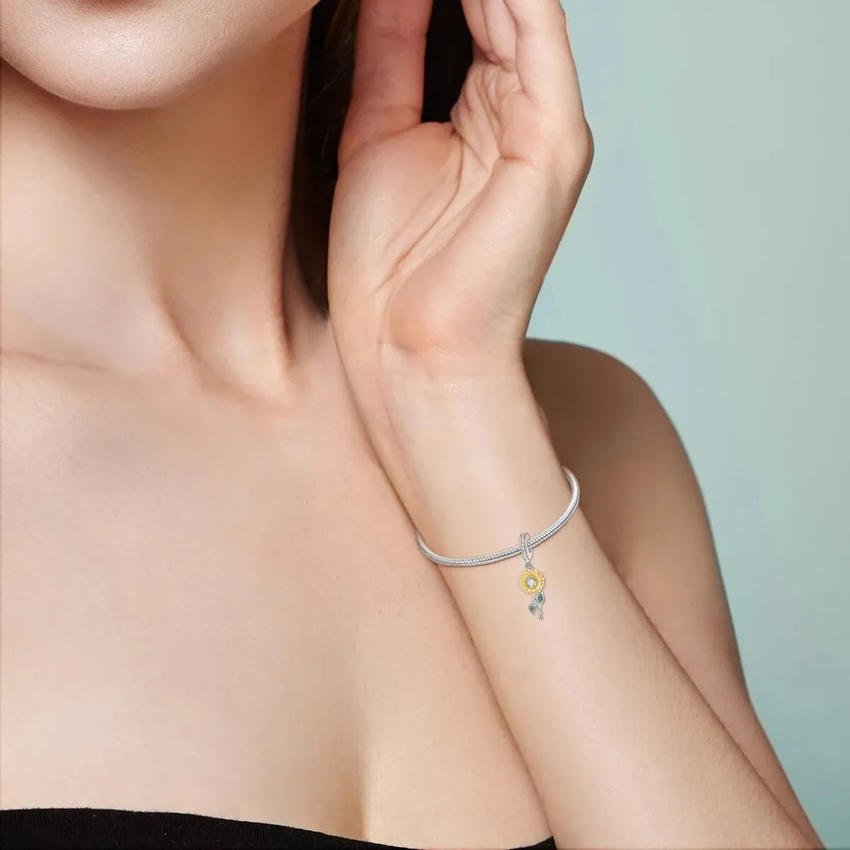 MULA Silver-Plated Sunflower & Four-Leaf Clover Dangle Charms - DIY 3MM Snake Chain Bracelet