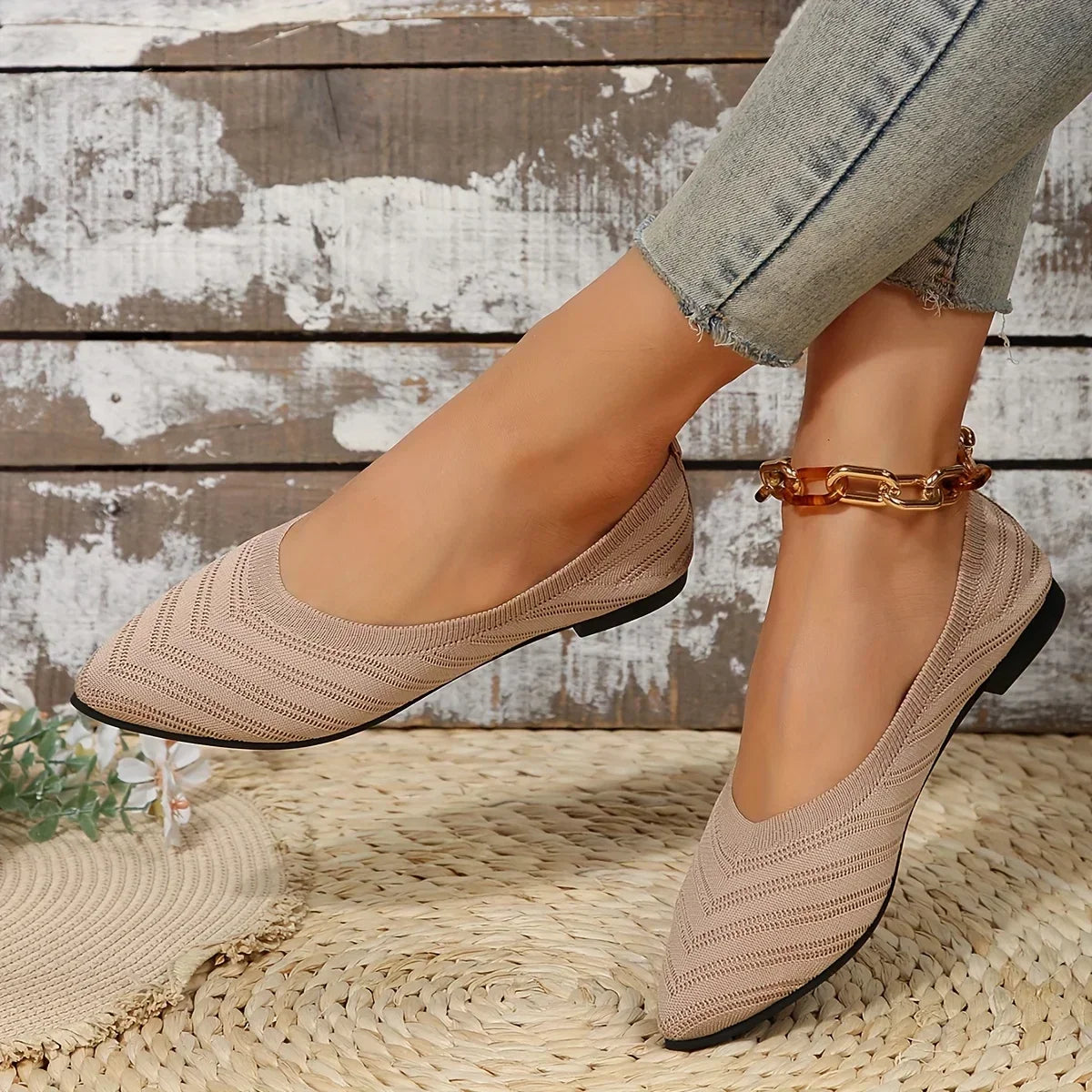 Women’s Pointed Toe Knitted Slip-On Flats – Solid Color Casual Breathable Ballet Loafers