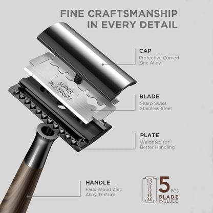 Double Edge Safety Razor – Faux Wood Zinc Alloy Handle with 5 Swiss Stainless Steel Blades, Heavy Duty Eco-Friendly Shaver