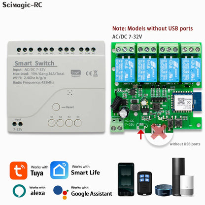 Tuya Zigbee & eWeLink Smart WiFi Module Switch, 4CH Relay 12V/24V/110V/220V RF 433 Remote Control, Works with Alexa & Google Home
