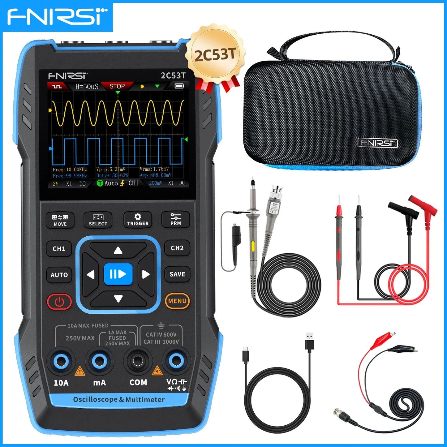 FNIRSI 2C23T / 2C53T 50MHz Handheld 3-in-1 Digital Oscilloscope Multimeter Signal Generator Dual Channel Automotive Diagnostic Tool