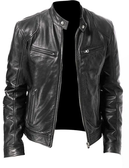 Men’s Slim Fit Motorcycle Leather Jacket – Short Lapel PU Zipper Windproof Coat for Autumn