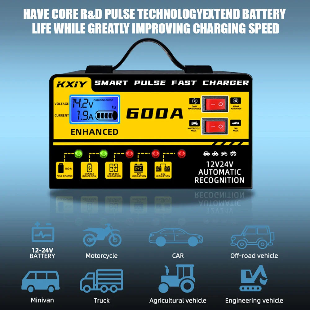 12V/24V Intelligent Car Battery Charger – 600A Digital LCD Pulse Repair with Automatic Stop & Temperature Detection