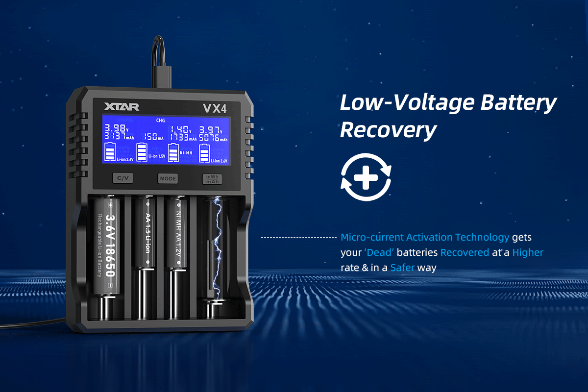 XTAR VX4 20W Fast Battery Charger with LED Display – 18650, AAA/AA, Li-ion, NiMH, LiFePO4 Charger & Capacity Tester