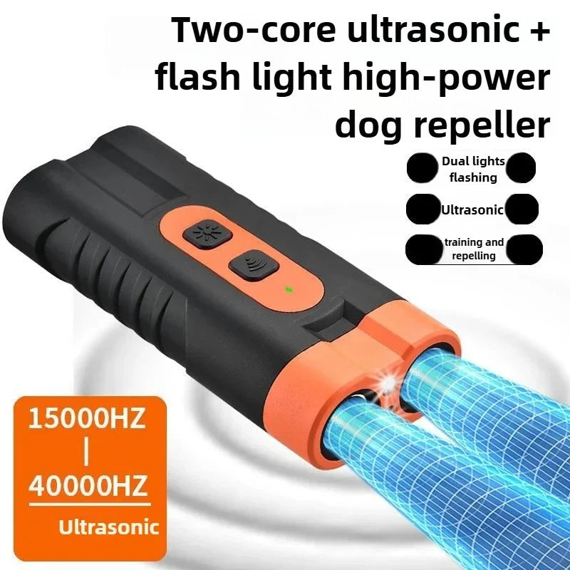 Ultrasonic Dog Repeller - Dual Head USB Rechargeable Anti-Bark Training Device with LED Flashlight