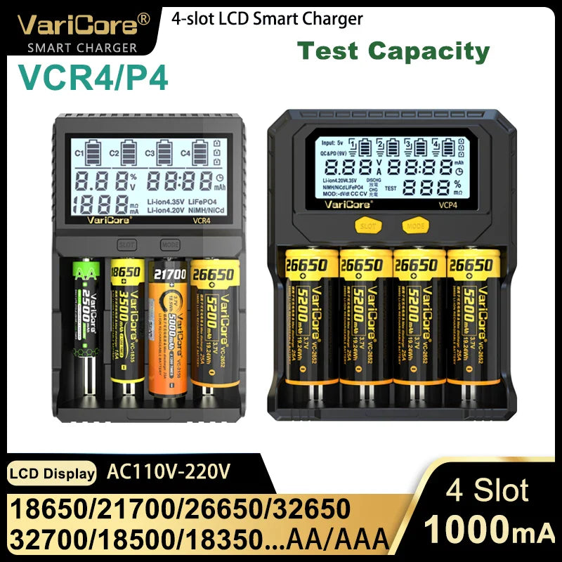 VariCore VCR4/VCP4 LCD Smart Battery Charger – Capacity Tester for 3.7V Li-Ion (18650, 21700, 26650), 3.2V LiFePO4 (32700), and 1.2V Ni-MH (AA/AAA)