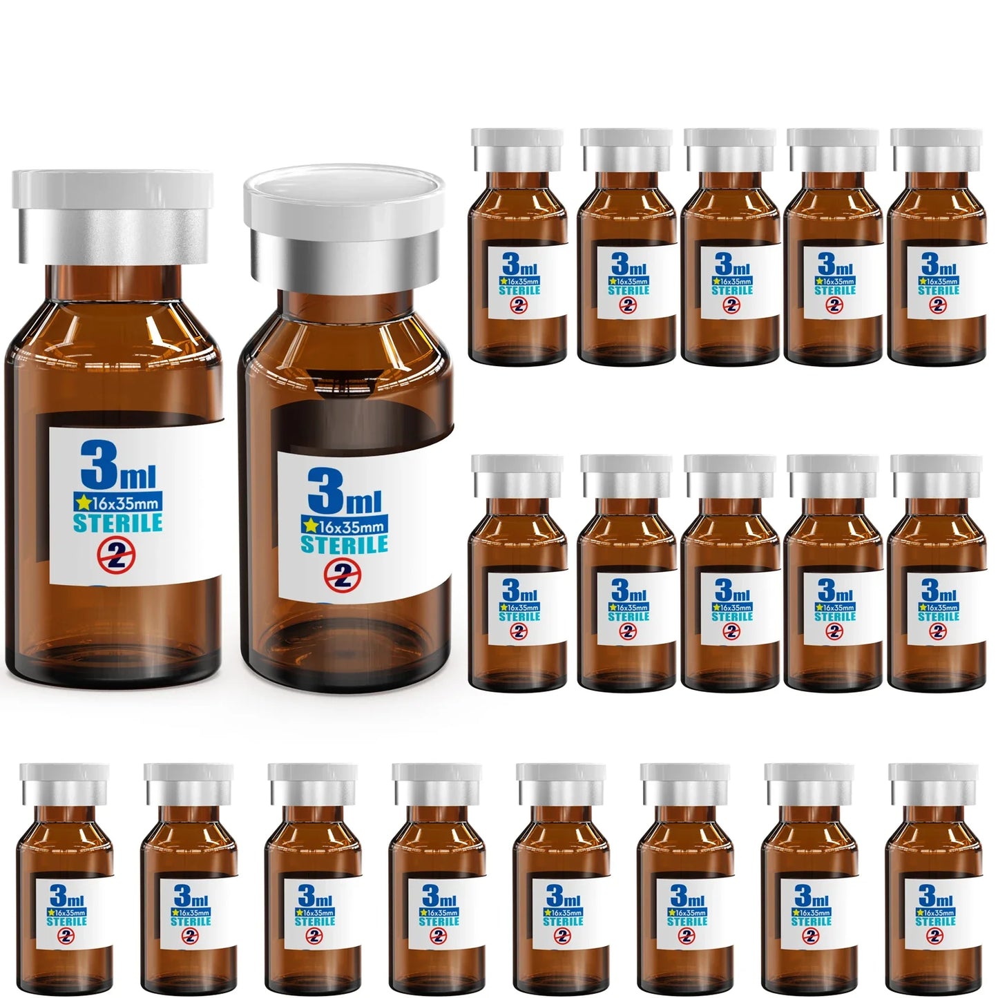 Sterile Glass Vials with Rubber Stopper & Aluminum Cap – 20pcs Individually Packaged, Burr-Free