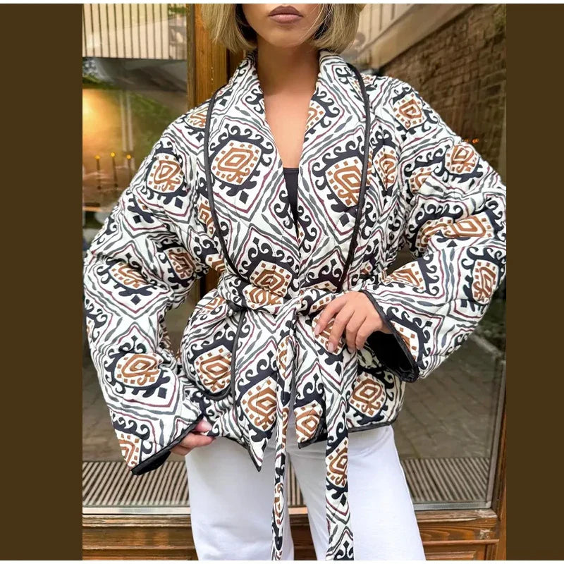 2025 Women’s Printed Quilted Padded Jacket – Collared Cotton Coat with Contrast Piped Pockets, Casual Autumn Outerwear