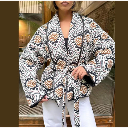 2025 Women’s Printed Quilted Padded Jacket – Collared Cotton Coat with Contrast Piped Pockets, Casual Autumn Outerwear